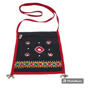 Indian Mirror Embroidery Beaded Zip Pocket Bells Celebration Crossbody Sling Bag